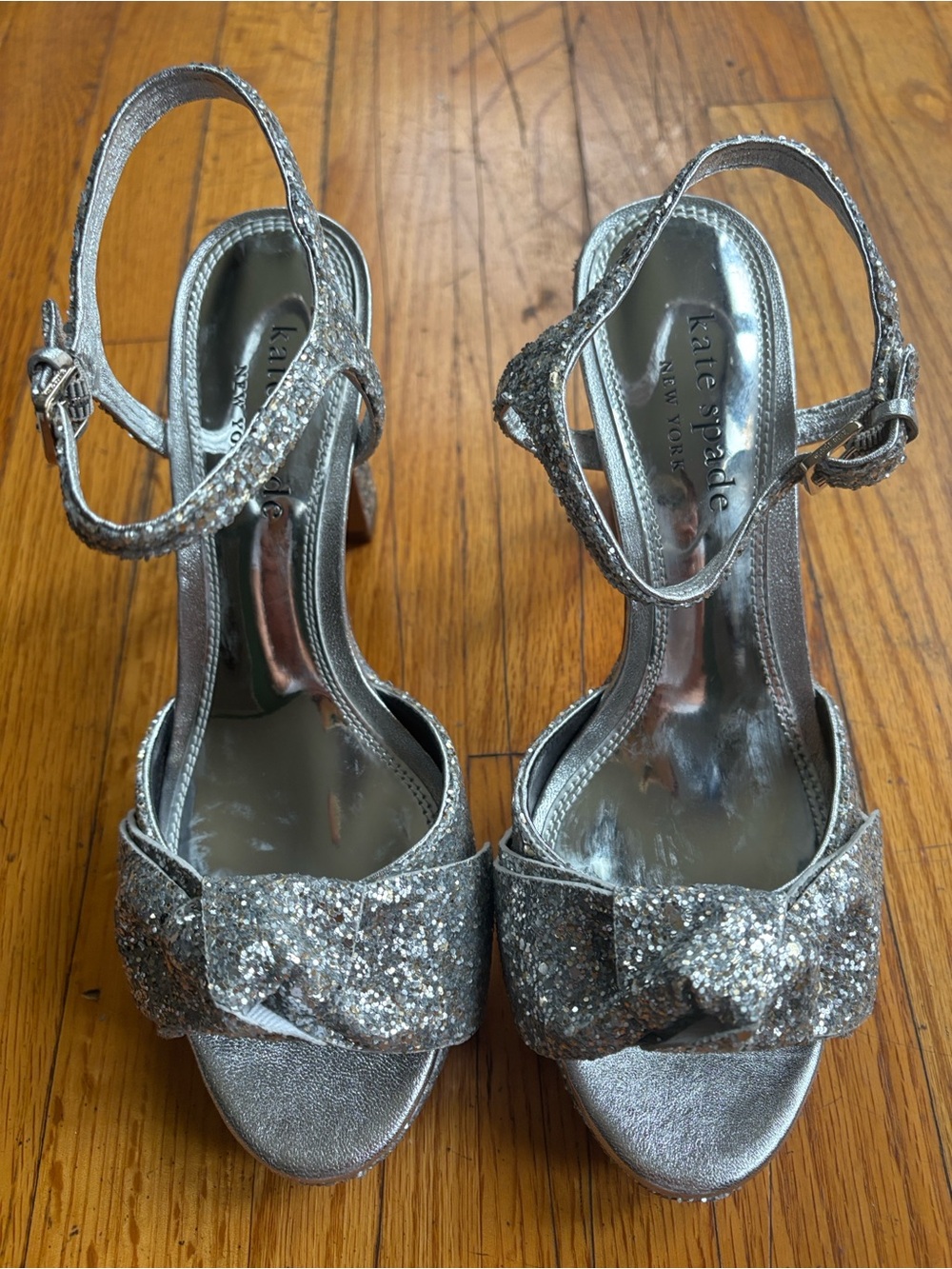 Kate Spade Silver Glitter Bow Slingback Sandals